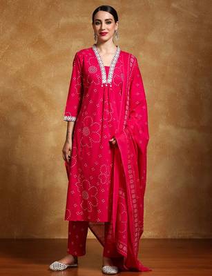 Women Bandhani Printed Regular Kurta with Trousers & With Dupatta 1