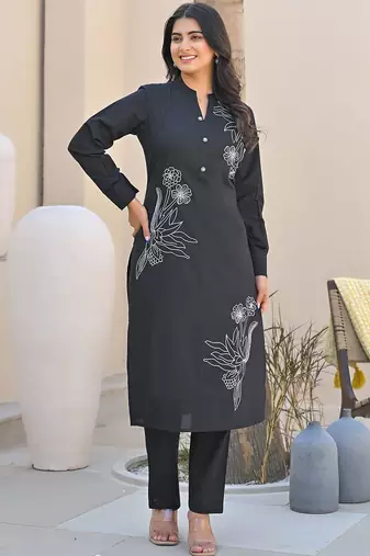 Women Floral Embroidered Regular Thread Work Pure Cotton Kurta with Trousers