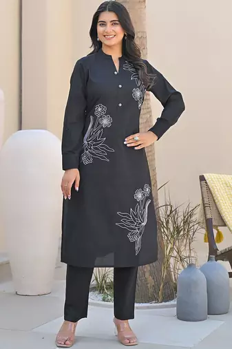 Women Floral Embroidered Regular Thread Work Pure Cotton Kurta with Trousers