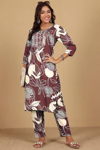 Floral Printed Round Neck Thread Work Straight Kurta With Trousers