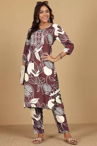 Floral Printed Round Neck Thread Work Straight Kurta With Trousers