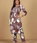 Floral Printed Round Neck Thread Work Straight Kurta With Trousers
