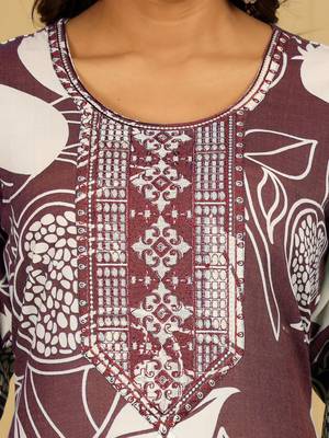 Floral Printed Round Neck Thread Work Straight Kurta With Trousers 3