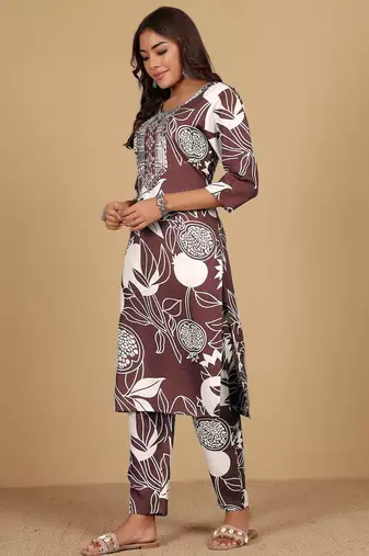 Floral Printed Round Neck Thread Work Straight Kurta With Trousers