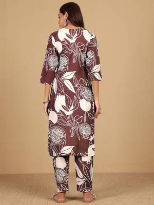 Floral Printed Round Neck Thread Work Straight Kurta With Trousers 6