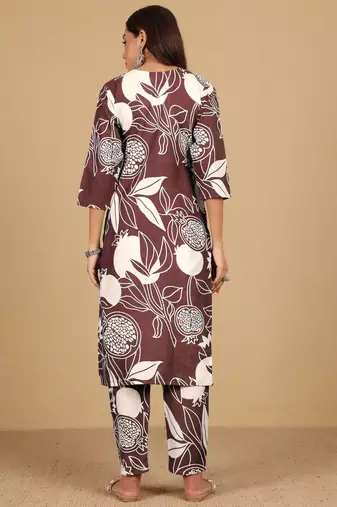 Floral Printed Round Neck Thread Work Straight Kurta With Trousers