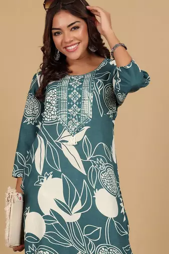 Floral Printed Round Neck Thread Work Straight Kurta With Trousers