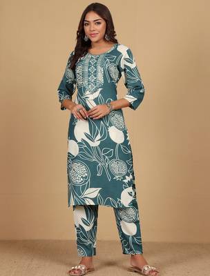 Floral Printed Round Neck Thread Work Straight Kurta With Trousers 3