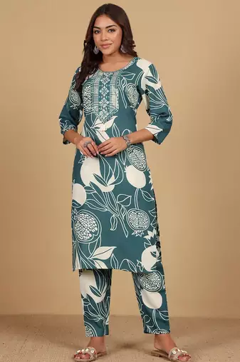Floral Printed Round Neck Thread Work Straight Kurta With Trousers