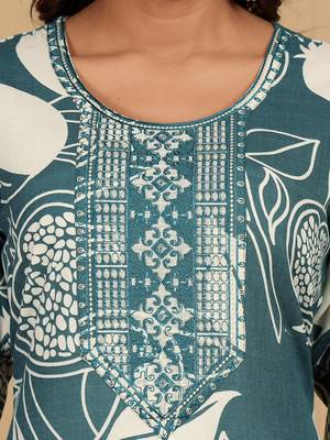 Floral Printed Round Neck Thread Work Straight Kurta With Trousers 4