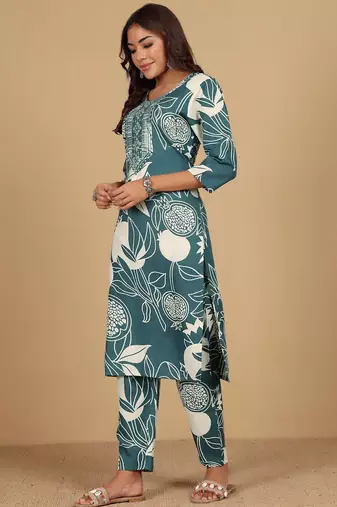Floral Printed Round Neck Thread Work Straight Kurta With Trousers