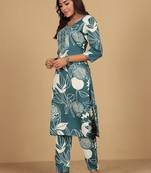 Floral Printed Round Neck Thread Work Straight Kurta With Trousers