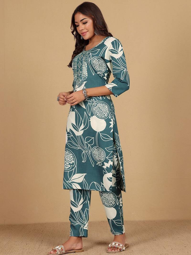 Floral Printed Round Neck Thread Work Straight Kurta With Trousers