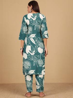 Floral Printed Round Neck Thread Work Straight Kurta With Trousers 6