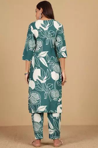 Floral Printed Round Neck Thread Work Straight Kurta With Trousers