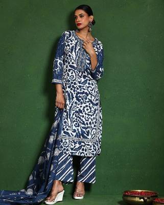 Women Printed Regular Thread Work Pure Cotton Kurta with Trousers & With Dupatta 2