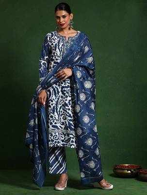 Women Printed Regular Thread Work Pure Cotton Kurta with Trousers & With Dupatta 3