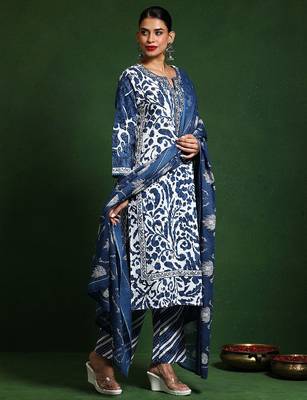 Women Printed Regular Thread Work Pure Cotton Kurta with Trousers & With Dupatta 1