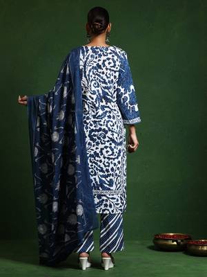 Women Printed Regular Thread Work Pure Cotton Kurta with Trousers & With Dupatta 5