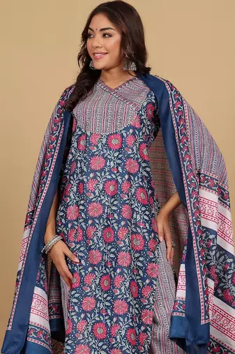 Floral Printed V-Neck Gotta Patti Kurta With Trousers & Dupatta