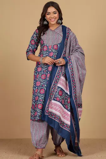 Floral Printed V-Neck Gotta Patti Kurta With Trousers & Dupatta