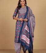 Floral Printed V-Neck Gotta Patti Kurta With Trousers & Dupatta