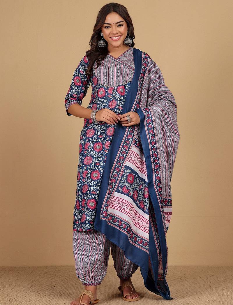 Floral Printed V-Neck Gotta Patti Kurta With Trousers & Dupatta