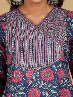 Floral Printed V-Neck Gotta Patti Kurta With Trousers & Dupatta 3