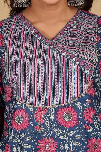 Floral Printed V-Neck Gotta Patti Kurta With Trousers & Dupatta