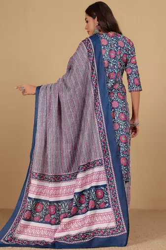 Floral Printed V-Neck Gotta Patti Kurta With Trousers & Dupatta
