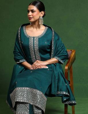 Floral Embroidered Zari Cotton Silk Straight Kurta With Trousers & Dupatta 1