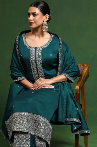 Floral Embroidered Zari Cotton Silk Straight Kurta With Trousers & Dupatta