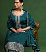 Floral Embroidered Zari Cotton Silk Straight Kurta With Trousers & Dupatta