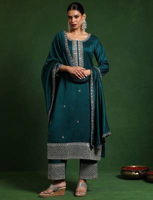 Floral Embroidered Zari Cotton Silk Straight Kurta With Trousers & Dupatta 2