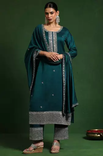 Floral Embroidered Zari Cotton Silk Straight Kurta With Trousers & Dupatta