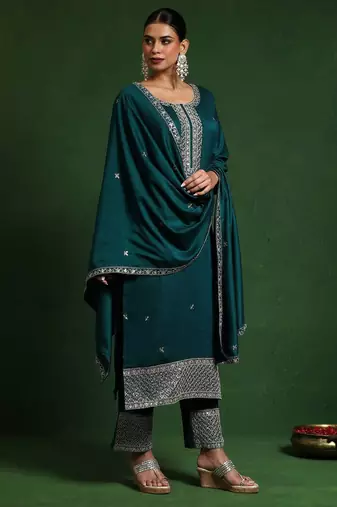 Floral Embroidered Zari Cotton Silk Straight Kurta With Trousers & Dupatta