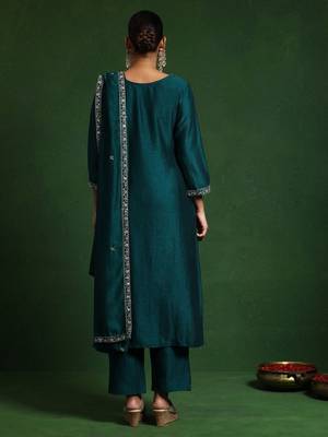 Floral Embroidered Zari Cotton Silk Straight Kurta With Trousers & Dupatta 5