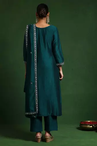 Floral Embroidered Zari Cotton Silk Straight Kurta With Trousers & Dupatta