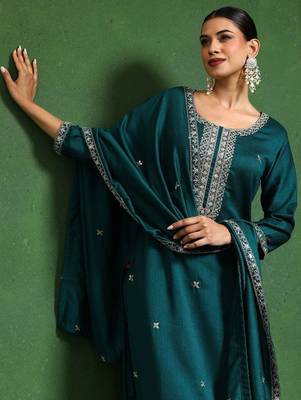 Floral Embroidered Zari Cotton Silk Straight Kurta With Trousers & Dupatta 6