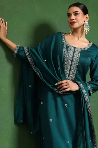 Floral Embroidered Zari Cotton Silk Straight Kurta With Trousers & Dupatta