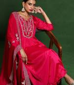 Floral Embroidered Thread Work Notch Neck A-Line Kurta With Trousers And Dupatta
