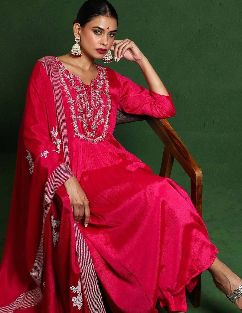 Floral Embroidered Thread Work Notch Neck A-Line Kurta With Trousers And Dupatta