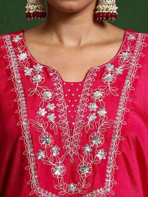 Floral Embroidered Thread Work Notch Neck A-Line Kurta With Trousers And Dupatta 3