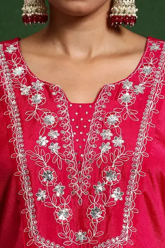 Floral Embroidered Thread Work Notch Neck A-Line Kurta With Trousers And Dupatta