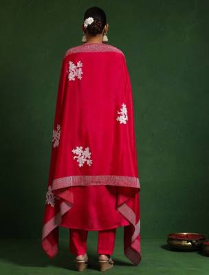 Floral Embroidered Thread Work Notch Neck A-Line Kurta With Trousers And Dupatta 5