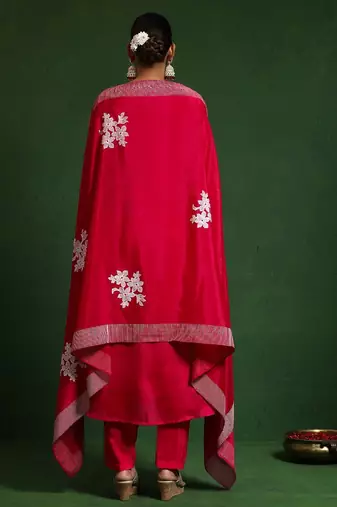 Floral Embroidered Thread Work Notch Neck A-Line Kurta With Trousers And Dupatta