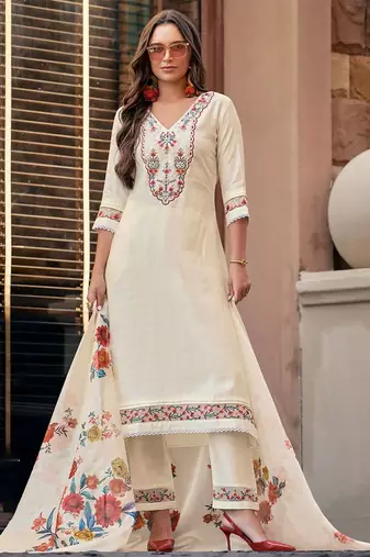 Women Floral Embroidered Regular Thread Work Kurta with Trousers & With Dupatta