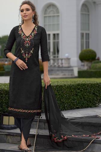 Floral Embroidered Thread Work Straight Kurta With Dhoti Pants & Dupatta