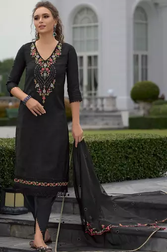 Floral Embroidered Thread Work Straight Kurta With Dhoti Pants & Dupatta