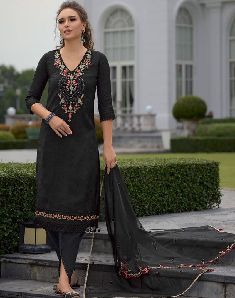 Floral Embroidered Thread Work Straight Kurta With Dhoti Pants & Dupatta